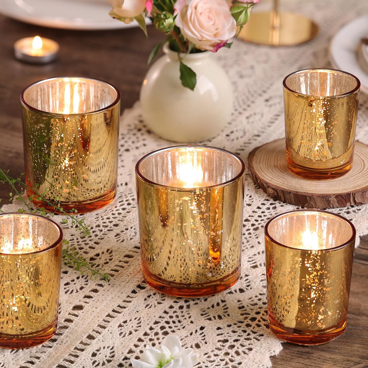 Volens 24pcs Assorted Gold Votive Candle Holders for Wedding Table Centerpieces, Large Mercury Glass Candle Holder for Votive & Tealight Candle, Gold Party Decorations for Bridal and Baby Shower
