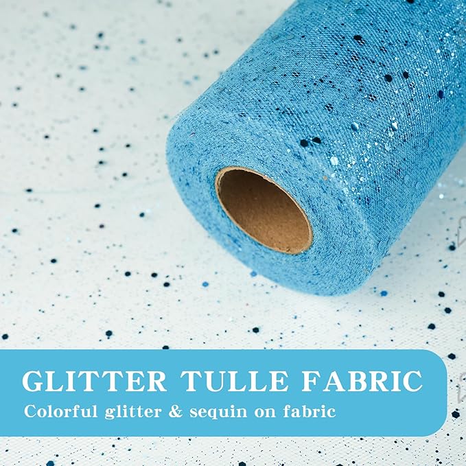 Glitter Tulle Rolls, 6” by 50 Yards (150FT) Sparkling Tulle Spool Ribbon Sequin Tulle Netting Fabric for Tutu Skirt Wedding Birthday Baby Shower (Light Blue)