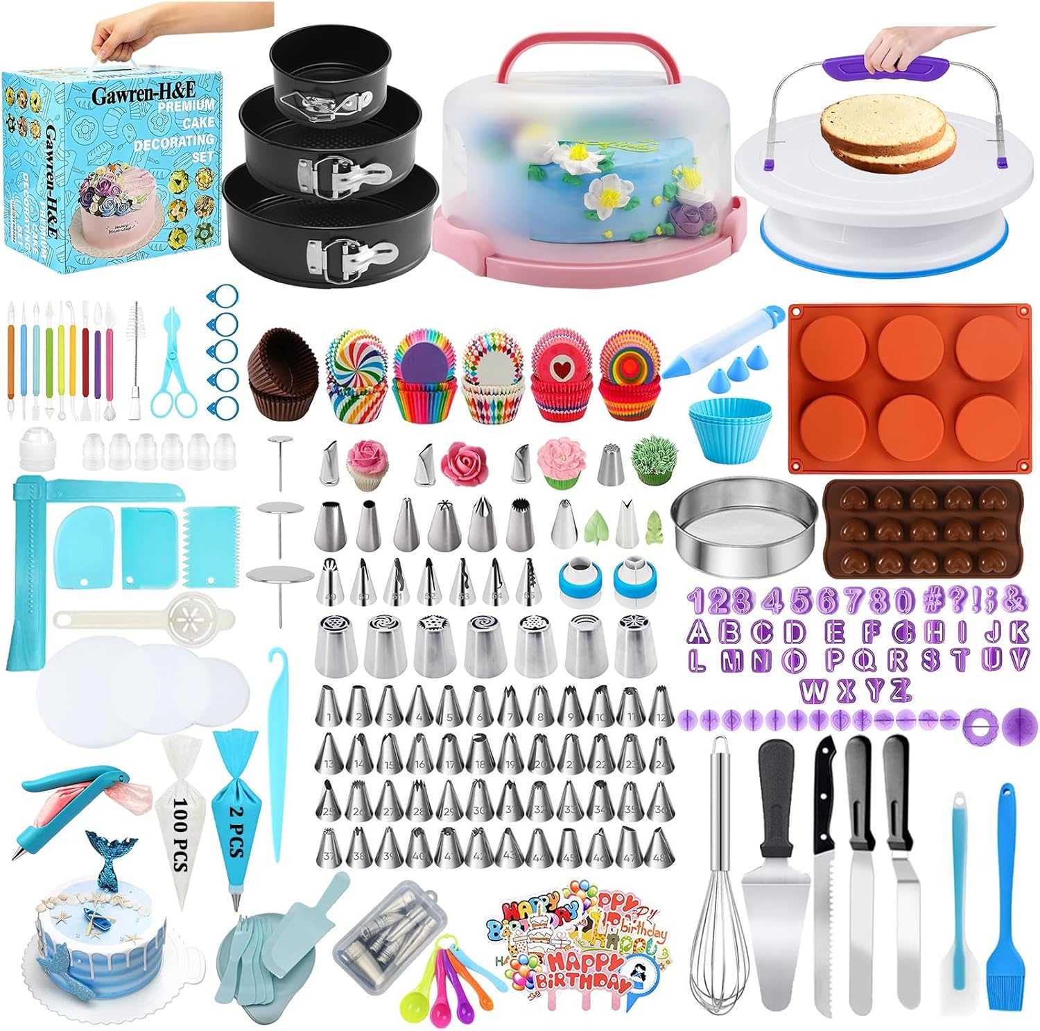 Gawren-H&E 678pcs Cake Decorating Kit,Baking Supplies with Decorating Tools,Cake Carrier,Cake Turntable,Piping Bags and 74 Tips,Springform Pans,Cake Decoratng Supplies Kit for Beginners/Professional