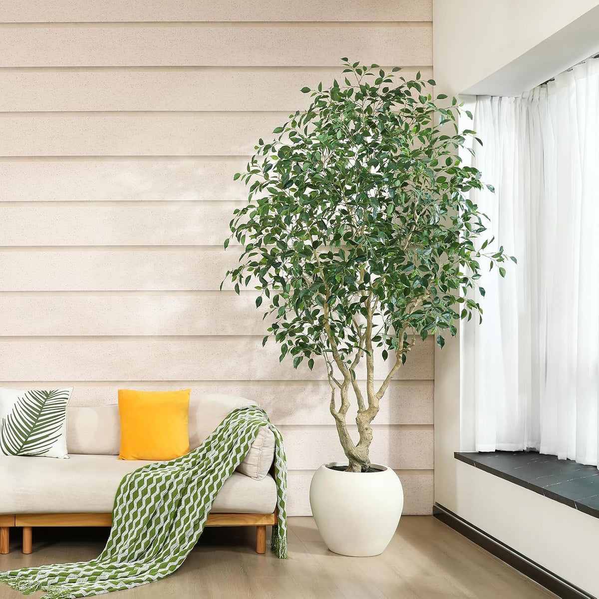 SOGUYI 8 Feet Ficus Tree Artificial Indoor with Round Artisan Planter