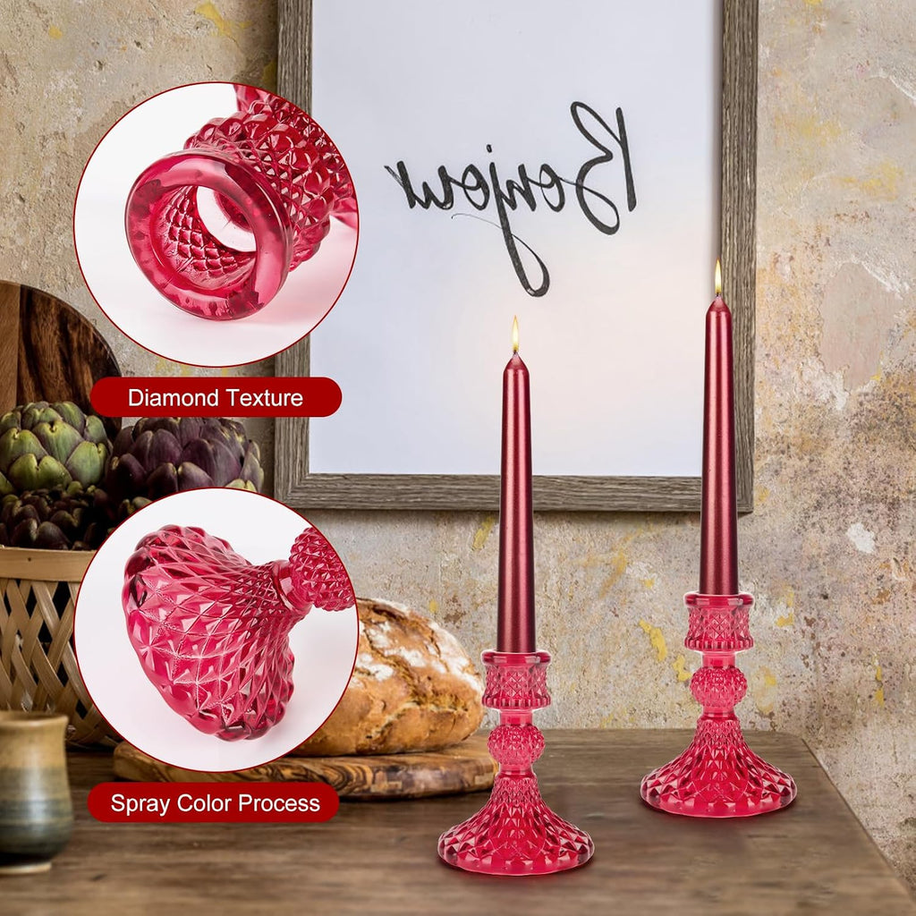 Glass Candle Holder, 2PCS Decorative Candle Sticks Pillar Candle Stand for Formal Events Wedding Party Table Centerpieces Home Decoration, Red