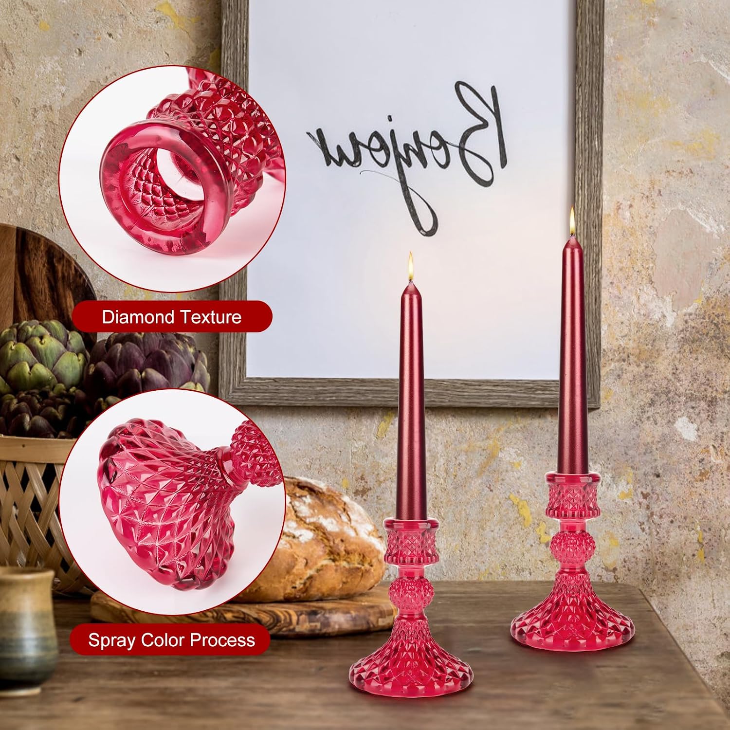 Glass Candle Holder, 2PCS Decorative Candle Sticks Pillar Candle Stand for Formal Events Wedding Party Table Centerpieces Home Decoration, Red