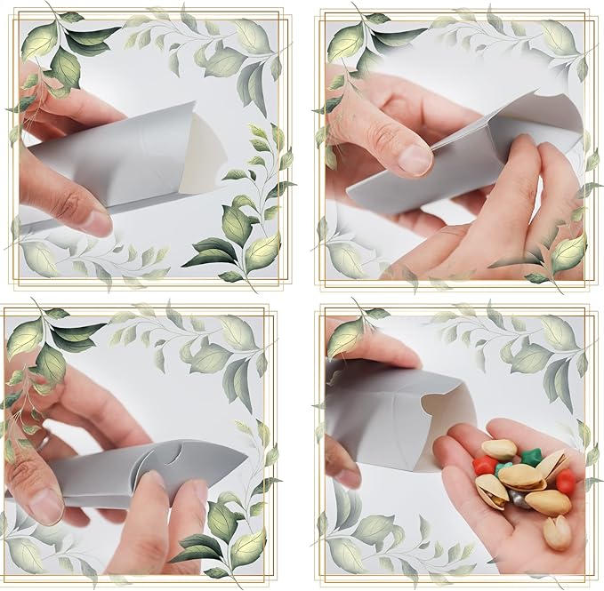 Aokbean 100 Pack Mini Pillow Candy Box Small Gift Boxes with 50 Yards Ribbon for Christmas Wedding Party Favor Gift, Jewelry or Soap Packaging (Pure Silver)