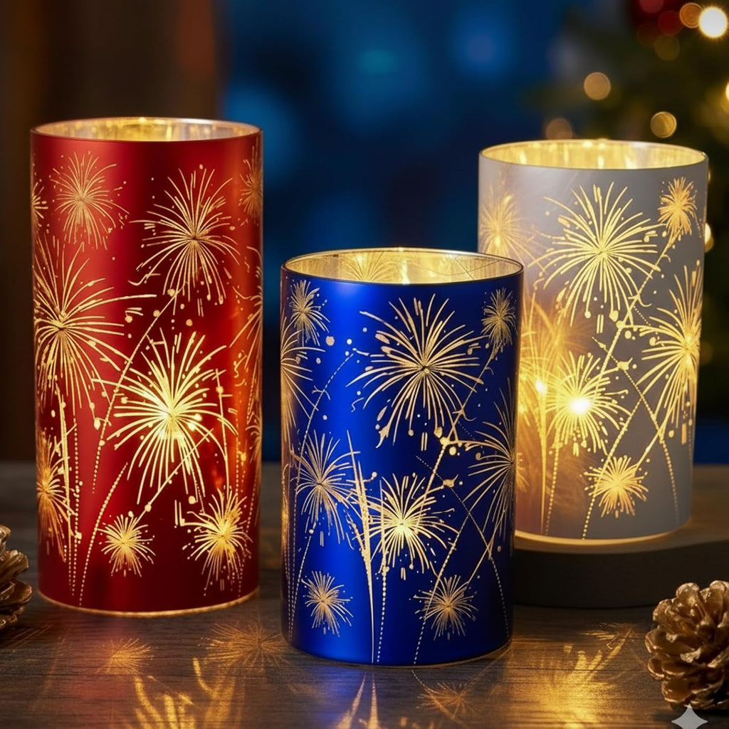 Set of 3 Red White and Blue Celebration Hurricane Firework Lanterns | 3D Etched Starburst Patriotic Led Candles Lights Hurricanes for Birthday Wedding Christmas Parties Chic Modern Home Decor