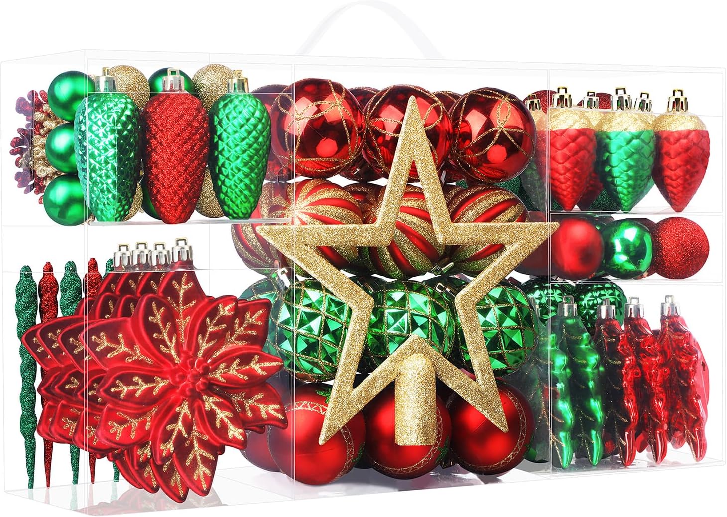 SHareconn 106PCS Christmas Balls Ornaments Set, Colorful Shatterproof Plastic Decorative Baubles for Xmas Tree Decor Holiday Wedding Party Decoration with Hanging Hooks, Red & Green Gold