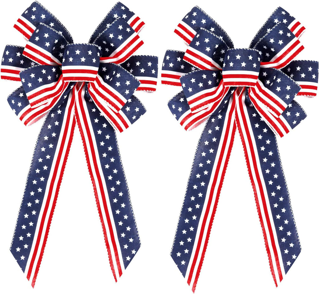 2 Pack 4th of July Decor Bow for Wreath,Red White Blue Stripe Stars Tree Topper Bows for Patriotic,Independence Day,Memorial Day,Veteran's Day,Front Door Indoor Outdoor Decorations