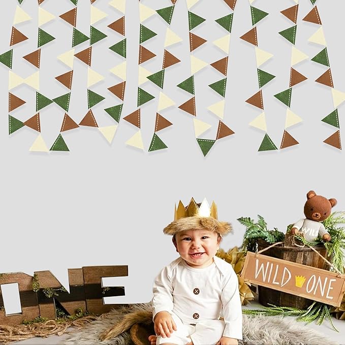 Jungle Party Decoration Sage Green Brown Beige Felt Hanging Triangle Mini Bunting Pennant Banner Flag for Safari Woodland Wild One Two Wild Birthday Wedding Neutral Baby Shower Classroom Nursery Decor
