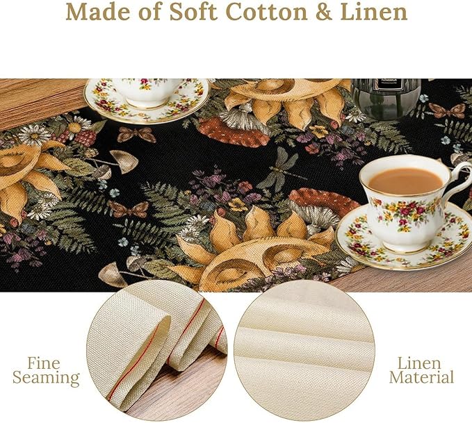 Sun Moon Table Runner, Bohomian Mushroom Daisy Table Gothic Dragonly Butterfly Table Center Decor Table Runner for Indoor Outdoor Party Kitchen Dinner Black, 13x60 Inch