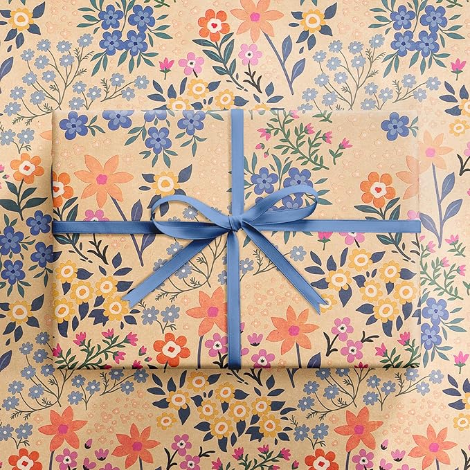 RUSPEPA Kraft Floral Wrapping Paper Roll for Girls Women, Mini Roll, Garden Flower Design, Wildflower Kraft Gift Wrap for Birthday, Spring, Summer, Mother's Day, Bridal Shower, 17 Inches x 9.8 Feet