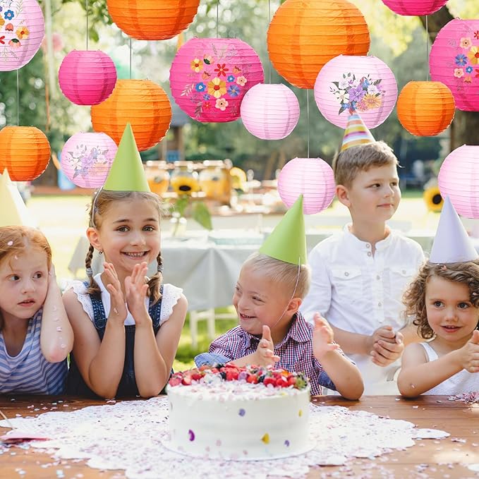 Riakrum 16 Pcs Pink and Orange Paper Lanterns Birthday Party Decorations Mixed Size 6'' 8'' 10'' 12'' Colorful Chinese Hanging Paper Lanterns for Wedding Home Decorations Supplies