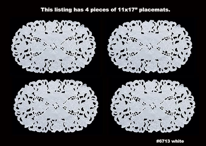 Creative Linens 4PCS Embroidered Floral Placemats 11x17 Oval White, Set of 4 Pieces