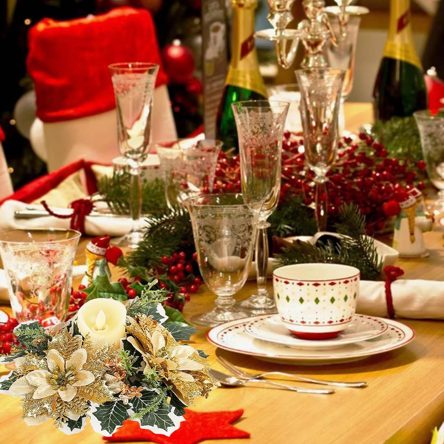 mdgfge Christmas Candle Rings Wreath Holder Artificial Gold Flower Pine Candle Rings with Holly Leaves for Xmas Party Holiday Table Pillars Decoration
