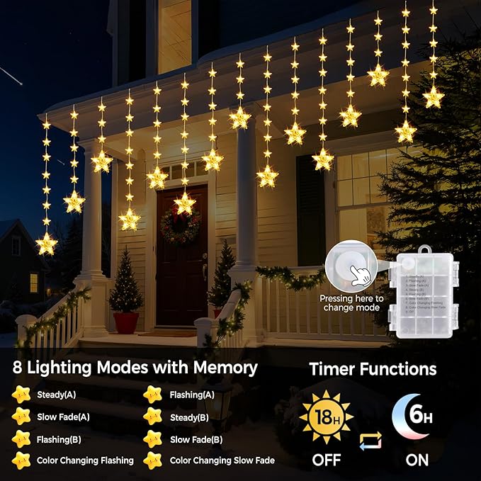 32 Stars Christmas Window Lights, IP65 Waterproof 52 LEDs Twinkle Star Fairy String Lights with 8 Modes Timer, Warm White & Multicolor, Battery Operated Hanging Xmas Star Decoration for Indoor Outdoor