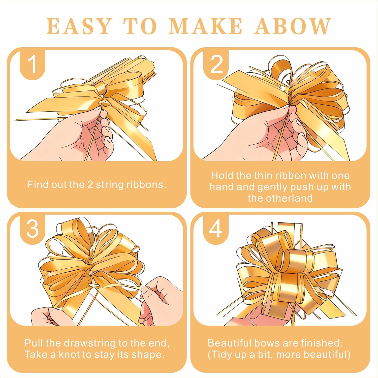 10-Pack Metallic Gold Pull Bows for Gift Wrapping - 6 Inch Reusable Ribbon Bows, Large Instant Floral Decor Bow for Wedding, Christmas, Birthday Decor, Gift Basket & Party Decorations