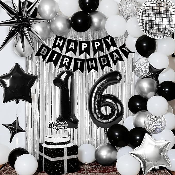 16th Birthday Decorations for Boys Girls, Black Silver Happy Birthday Party Decorations， 16 Year Old Party Supplies with Number 16 Balloons, Banner, Fringe Curtains Kit