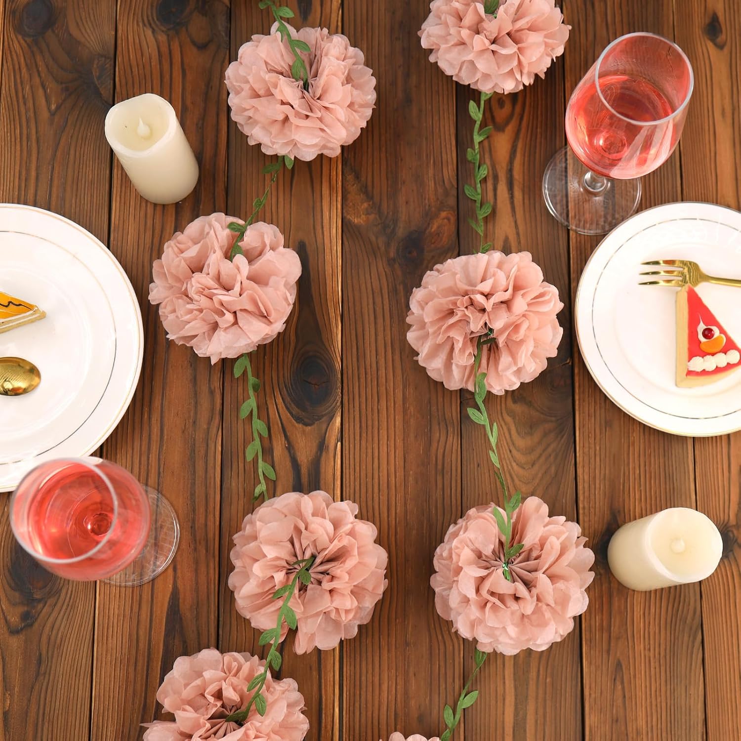 Pink Tissue Paper Pom Pom Garlands, Paper Flowers for Birthday Decorations, Baby Shower, Wedding Engagement, Bridal Shower, Spring Summer Party Decorations, 2 Pcs