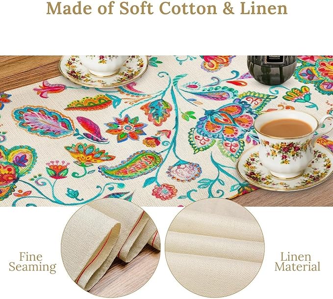 Paisley Table Runner, Watercolor Floral Oriental Indian Traditional Tulips Leaves Bohemian Paisley Print Table Runner for Kitchen Dining Tables Party Decor, 13x108inch