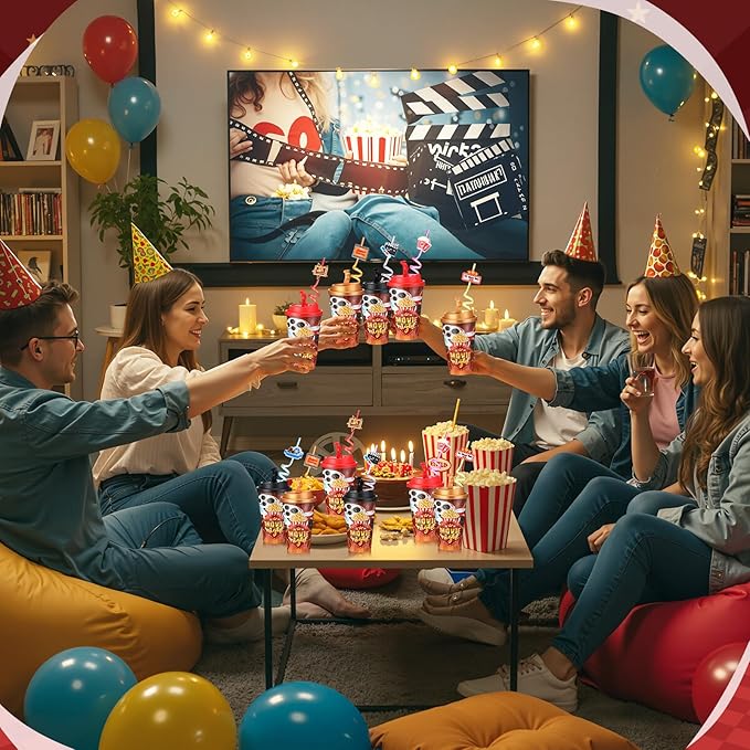 Yungyan 16 Sets Movie Night Party Favors Goodie Cups with Lids and Straws for Halloween Party Decorations Reusable 16oz Plastic Candy Cups Plastic Straws for Birthday Gift(Movie Night)
