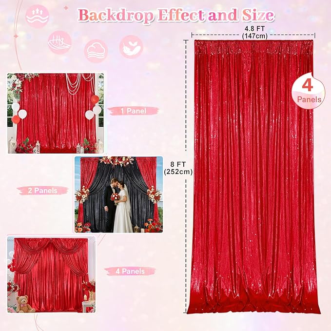 Christmas Backdrop Curtains Glitter Fabric - 4.8x8FT 4 Panels Red Background for Baby Shower Birthday Photography Decoration (19.2x8FT)
