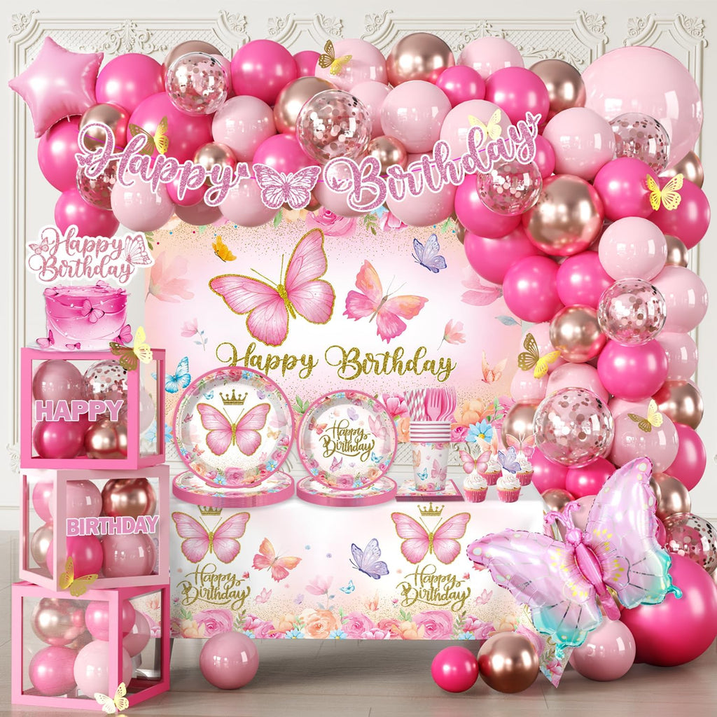 pink butterfly birthday decorations, all-in-one set for 25, main product view