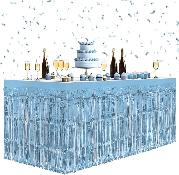 8 Pack Light Blue Table Skirts, 29x108" Metallic Foil Tinsel Fringe Table Skirts for Rectangle Tables Streamer Curtains Backdrop, Party Decorations for Birthdays Weddings Holidays