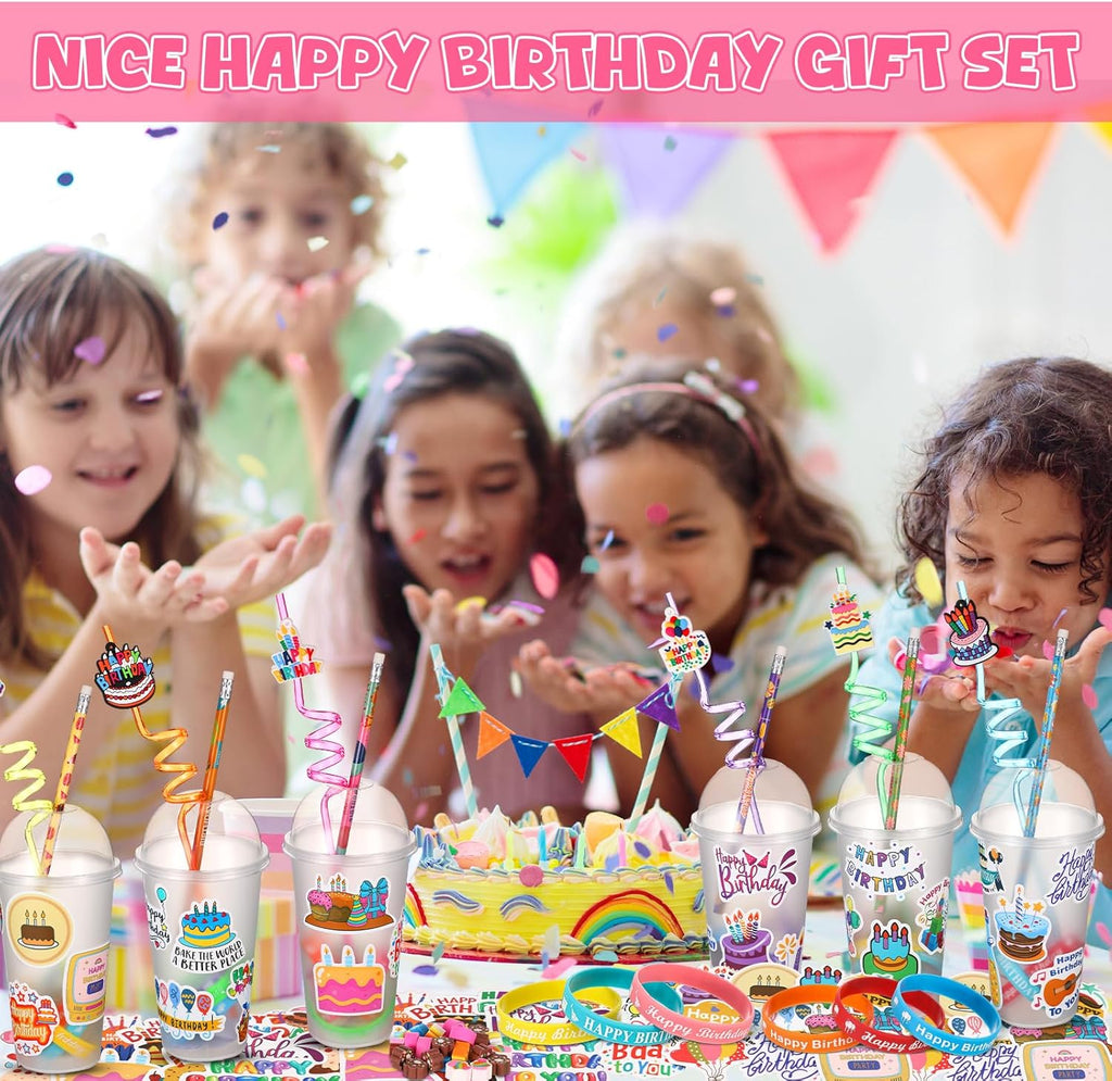 Baderke 24 Sets Birthday Gifts Party Favors Set Include Reusable Cups with Dome Lids Straw Decoration Pencil Heart Eraser Silicone Bracelet Stickers (Birthday A)