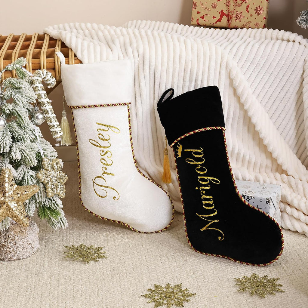Personalized Christmas Stockings 1 Pack White Black Custom Christmas Stockings with Names Initials 20" Large Velvet Luxury Modern Kids Family Xmas Stocking for Farmhouse Holiday Fireplace
