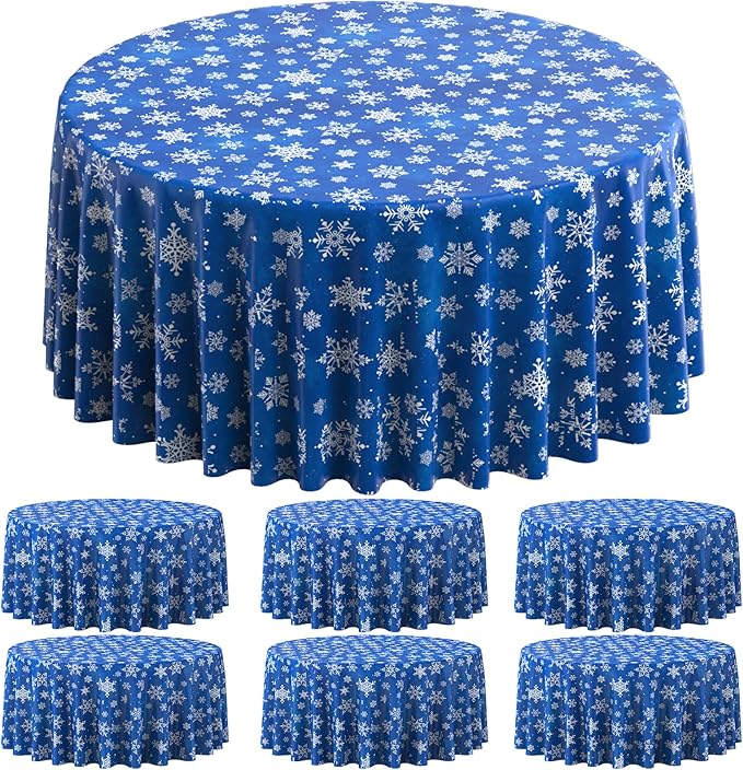 Jectivs 6 Pieces Christmas Snowflake Plastic Party Tablecloth Decorations,Disposable White Snowflake Blue Xmas Round Table Cover Backdrop for Winter Christmas Holiday Party Supplies,84 inch (Blue)