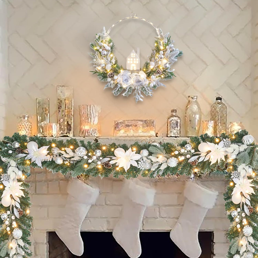 lighted christmas garland for mantle,fireplace,stairs, garland for front showing dimensions