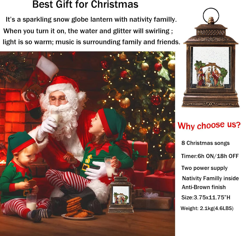 EYZH Christmas Nativity Snow Globe Lantern with 6 Hour Timer, Musical Lighted Nativity Scene Water Globes with Nativity Scene Indoor 11.75 inch USB Sparkling for Living Home,Bedroom Everyday Decor
