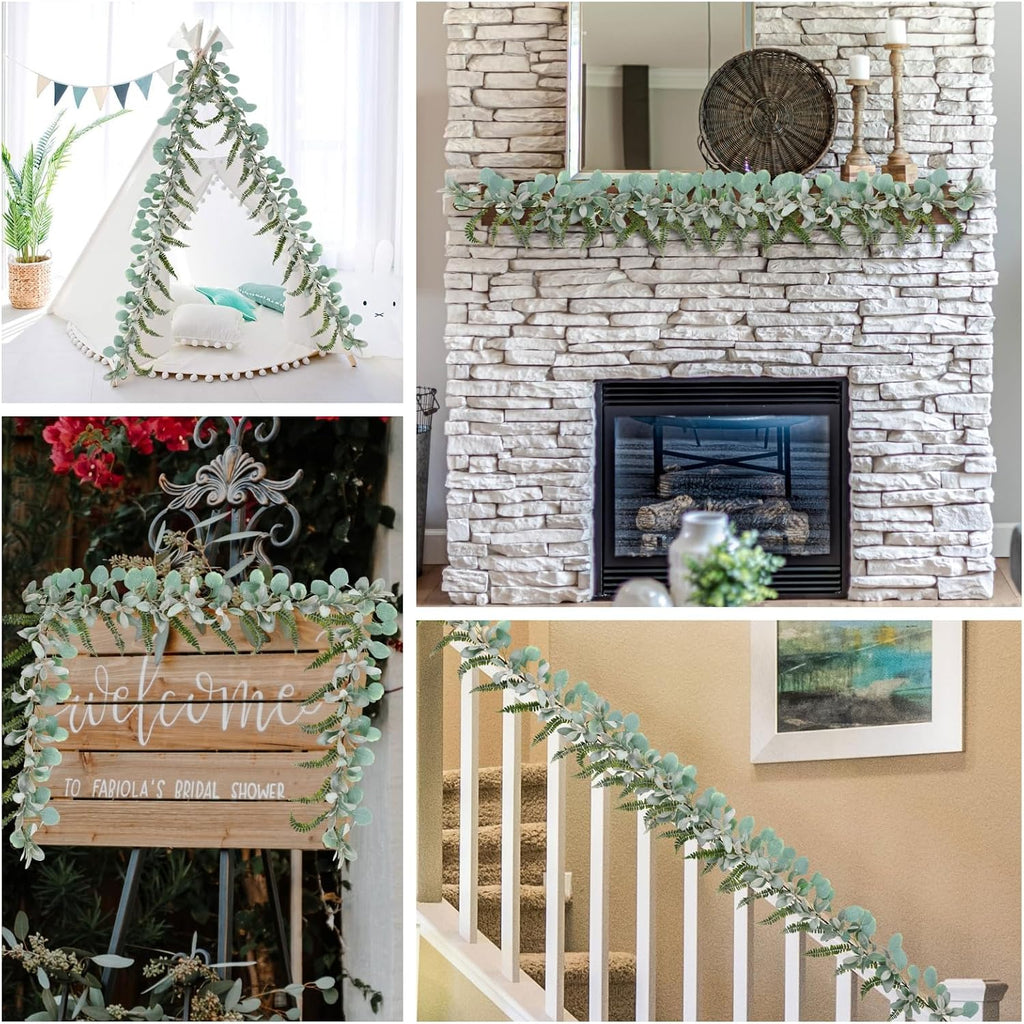 shacos artificial flocked lambs ear garland with eucalyptus on a desk or shelf