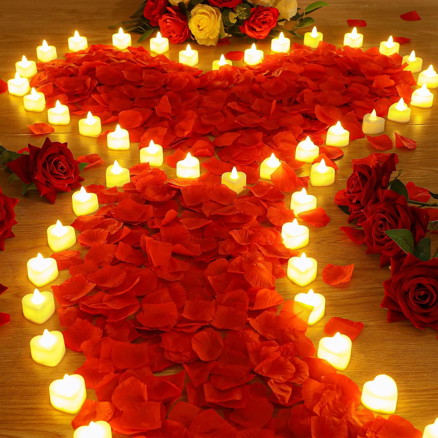 Coume 6000 Pieces Artificial Rose Petal 72 Pieces LED Tealights Candle, Romantic Decorations Special Night Rose Petal Heart Candle for Valentines Wedding Anniversary Proposal Decor(Warm White Light)