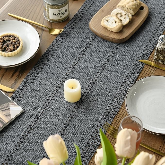 Artoid Mode Dark Grey Farmhouse Woven Rustic Hollow Table Runner, Seasonal Holiday Hollow Kitchen Dining Table Decoration for Home Party Decor 12x120 Inch