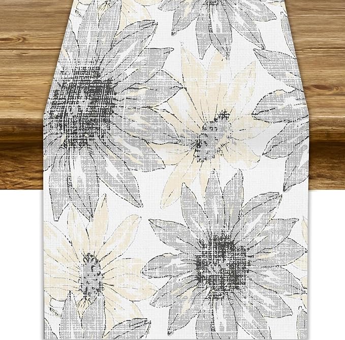 Chrysanthemum Vintage Floral Table Runner, Elegant Grunge Green Sunflower Spring Summer Elegant Pattern Artichokes Flower Table Runner for Party Kitchen Dining Living Room Decor, 13x70 Inch