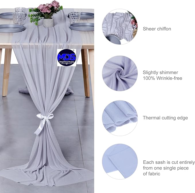 MDS 2 Pack 10ft Chiffon Table Runner 29 x 120 Inches Sheer Wedding Runner Romantic Rustic Table Runner for Wedding Decorations, Birthday Parties, Bridal Shower Party Arch Decor - Cool Gray