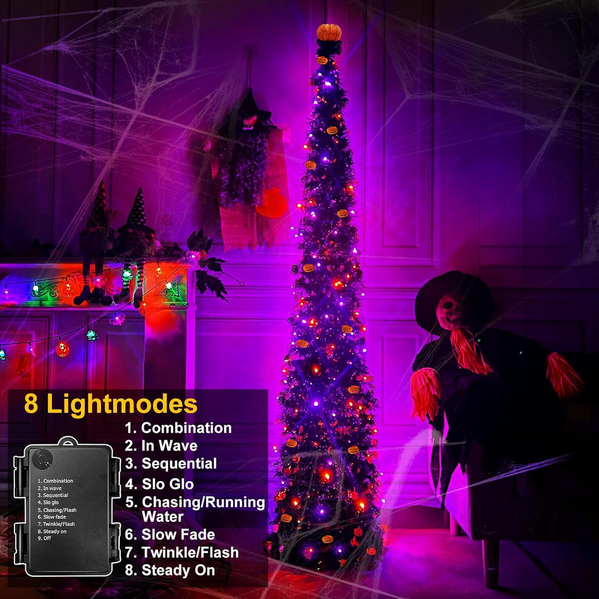 6 ft black tinsel halloween tree with lights shown in use
