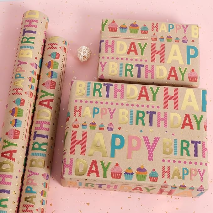 Aimyoo Colorful Birthday Wrapping Paper Roll - 17 Inch X 32.8 Feet - Gold Foil Happy Birthday Lettering & Cupcake Design Gift Wrap for Kids, Baby Showers