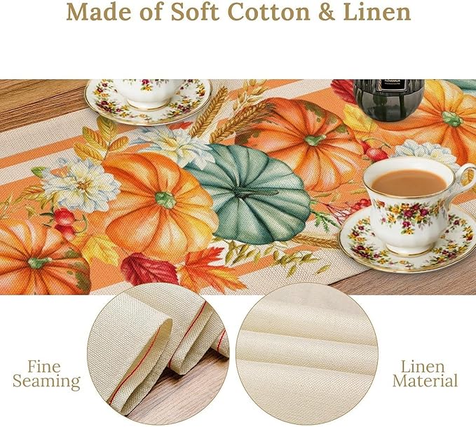 Autumn Table Runner,Orange Pumpkin Flowers Leaves Fall Table Runners Seasonal Kitchen Dining Table Decor for Thanksgiving Harvest Home Holiday Party 13x108 Inch