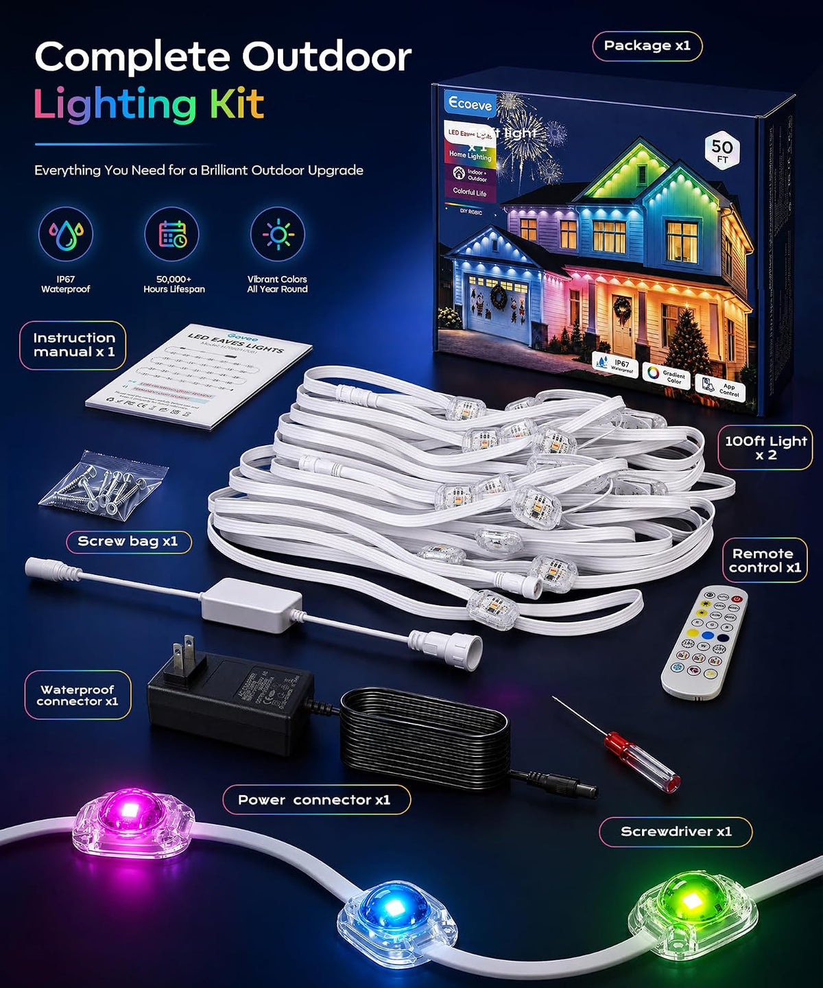 Permanent Outdoor Lights for House, 200ft RGB+IC Christmas LED Light