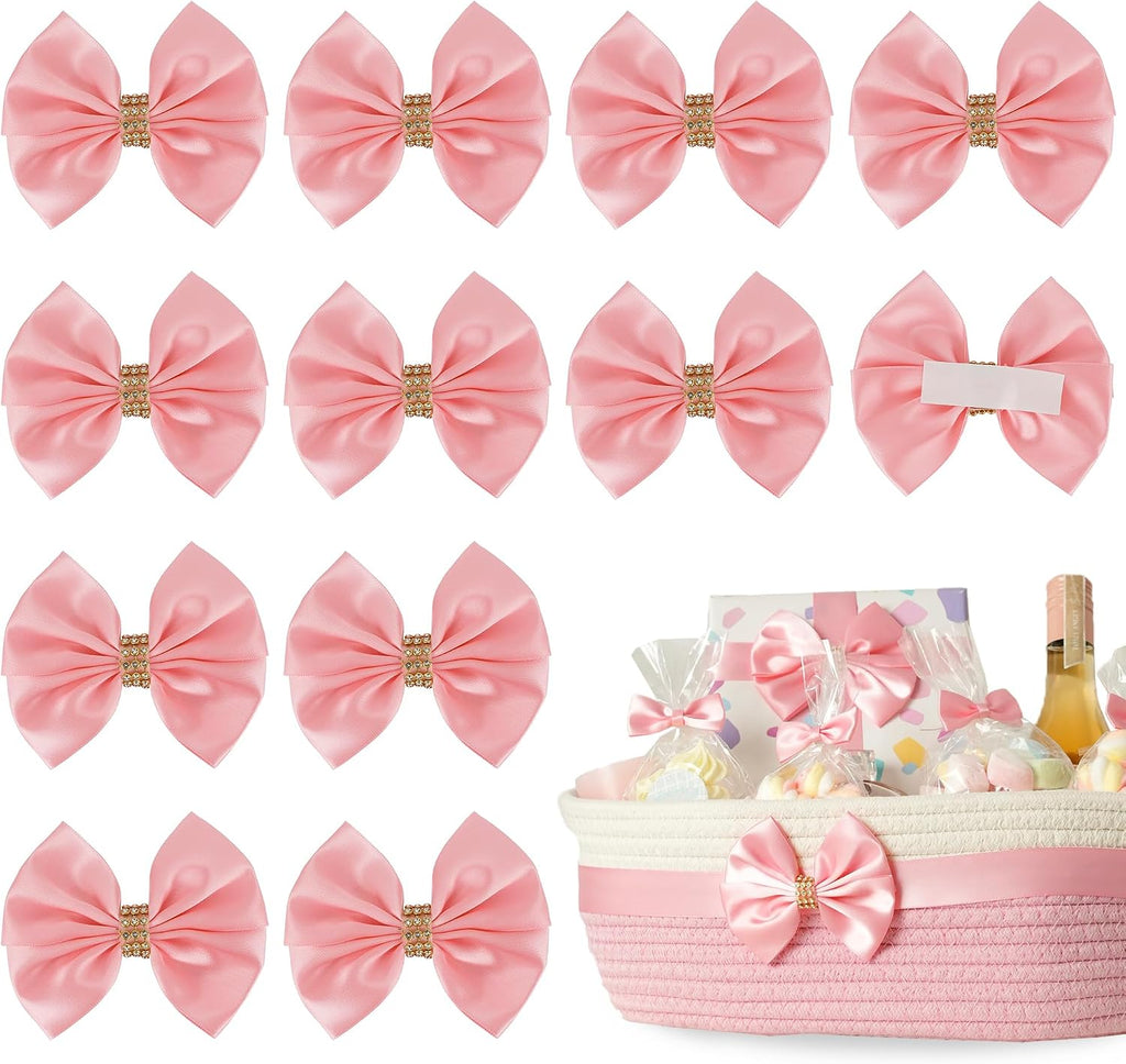 Pink Satin Bows 12 PCS Premade Self Adhesive 3.5" Gift Bows with Rhinestone for Wedding Party Event Decor Gift Wrapping Craft Baby Shower Wedding Treat Bags Presents Making Greeting
