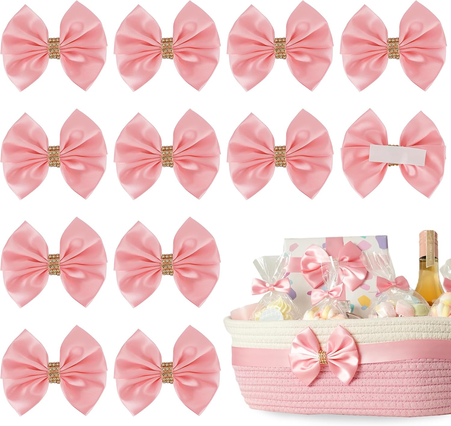 Pink Satin Bows 12 PCS Premade Self Adhesive 3.5" Gift Bows with Rhinestone for Wedding Party Event Decor Gift Wrapping Craft Baby Shower Wedding Treat Bags Presents Making Greeting