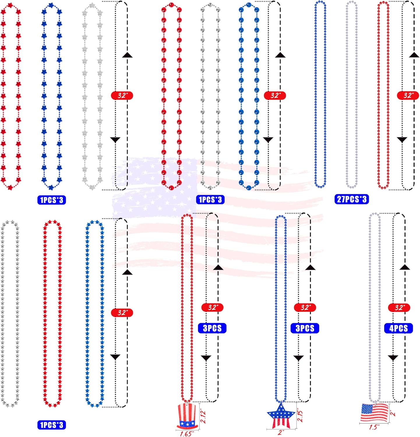 Moon Boat 100PCS 4th of July Accessories Necklaces: Blue White and Red Beads Bulk, Patriotic Party Independence Memorial Day Favors Toys Decorations