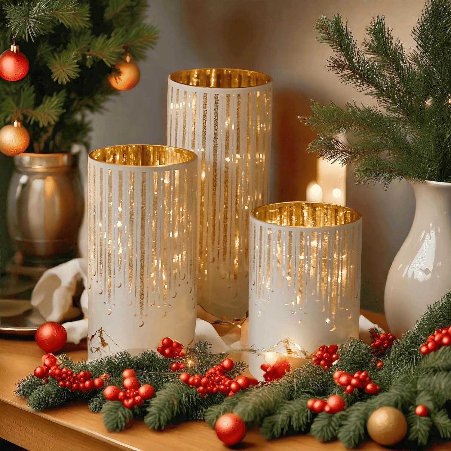 Starry Night Hurricane Candleholders with Warm LED Lights & Remote Timer, Elegant Twinkling Decorative Centerpieces for Wedding, Dining Table, Living Room, Mantel Décor, Set of 3 (White)