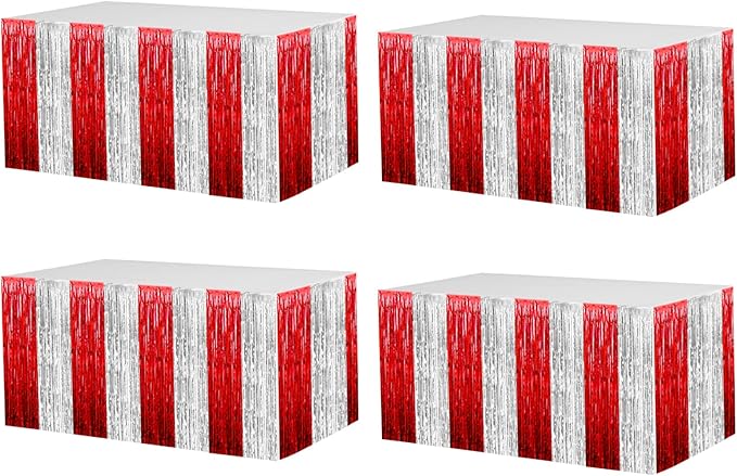4 Pack 29x108 Inch Metallic Foil Fringe Tinsel Table Skirts for Rectangle Tables Streamer Backdrop for Wedding, Birthday, Parade Floats, Christmas, Halloween Party Decoration(Red Silver)