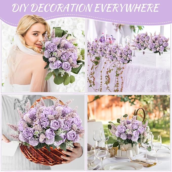 Zeyune 8 Pcs Wedding Silk Flowers Fake Silk Flowers Faux Bouquet Hydrangea Bouquets for Wedding Birthday Party Table Centerpieces Home Decoration (Purple,Rose)