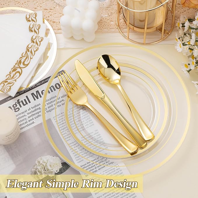 200PCS Clear Gold Plastic Plates Set, 100 10.25 inch Dinner Plates and 100 7.5 inch Dessert Plates, Disposable Plates for Party, Wedding