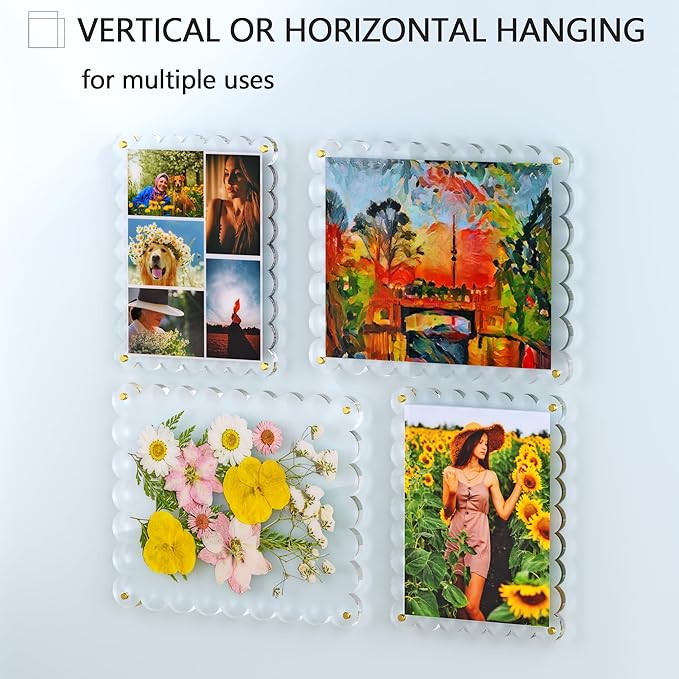 Acrylic Picture Frame for Wall, Frameless Clear Photo Frame with Scalloped Edge, No Drill Floating Frame for Diploma Certificate Degree Document & Poster/Painting/Artworks Display (1 Pack, 8.5X11 Scalloped edge)