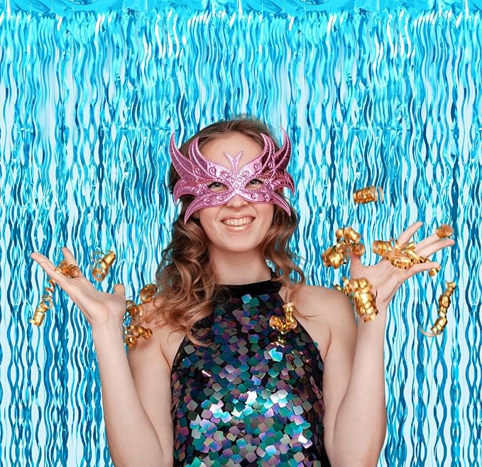GOER 6.4 ft x 6.5 ft Metallic Tinsel Foil Fringe Curtains,Pack of 2 Party Streamer Backdrop for Birthday,Graduation Decorations and New Year Eve (Wavy Light Blue)