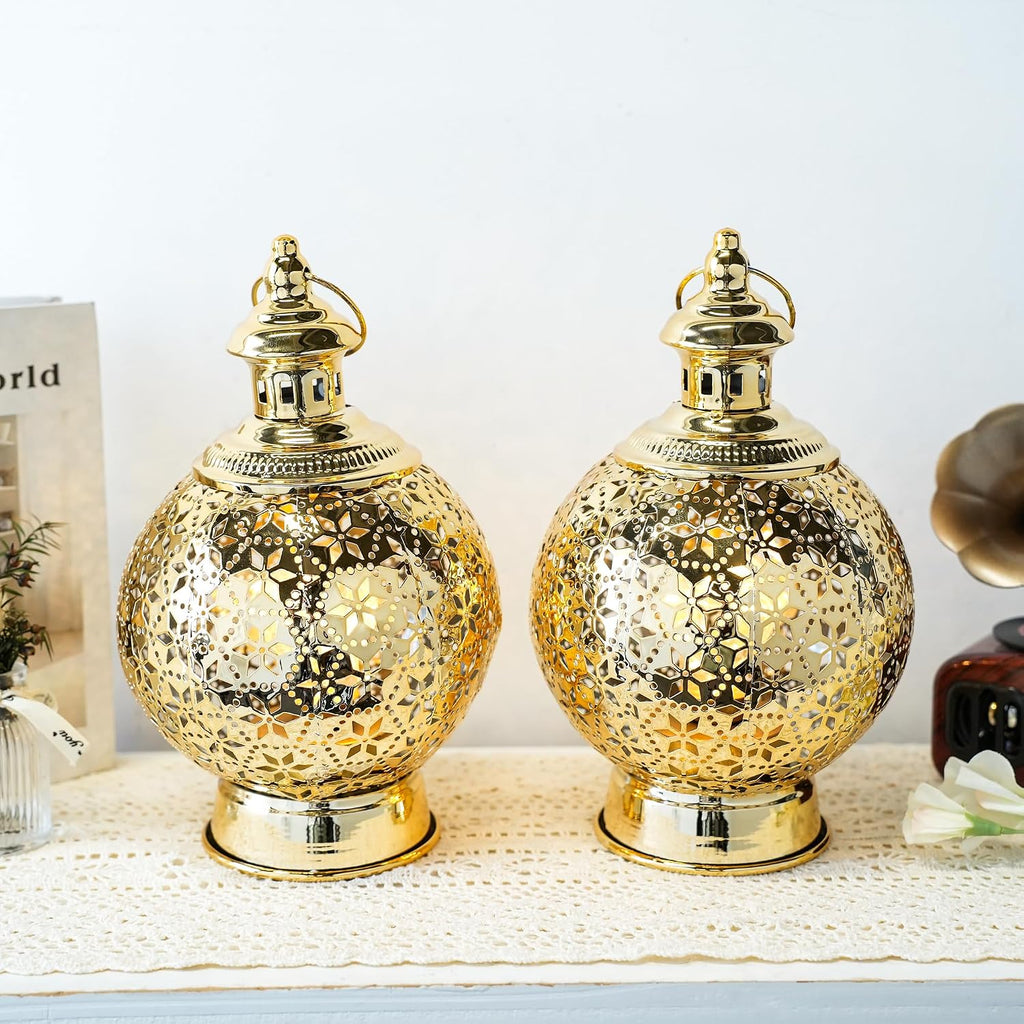 TRIROCKS Ramadan Lanterns Set of 2 10" Gold Electric Candle Holders with Timer, Metal Decorative Vintage Lanterns for Indoor/Outdoor Decor, Perfect EID Mubarak Gift