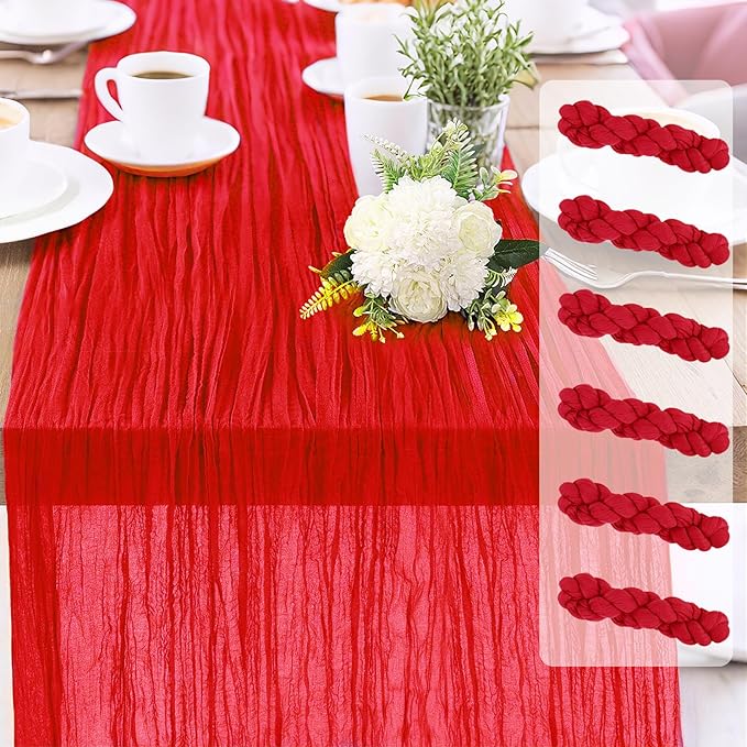 6-Pack Red Cheesecloth Table Runners – 10FT (35x120 Inch) Boho Rustic Gauze Fabric Cheese Cloth Table Runner for Weddings, Baby Showers, Bridal Shower, Farmhouse & Birthday Party Decor